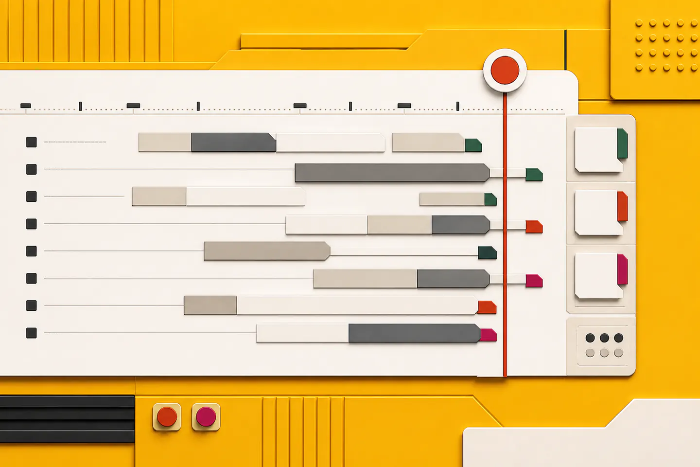 Abstract event operations board with task lanes approaching one fixed date